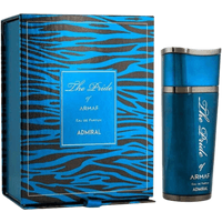 Blue and black zebra-striped box with matching blue cylindrical perfume bottle, silver accents, "The Pride of Armaf."