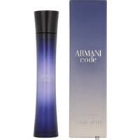 Elegant blue gradient Armani Code Pour Femme perfume bottle with black cap, next to matching box.