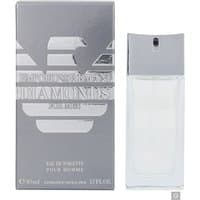 Clear glass bottle with silver cap, Armani Emporio Diamonds For Men Eau de Toilette Spray 50ml, next to silver box.