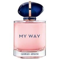 Armani My Way Eau de Parfum 90ml, clear bottle with pink liquid, navy blue cap with gold accent.