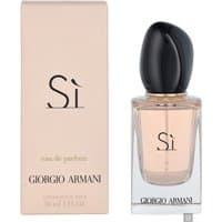 Armani Si Eau de Parfum 30ml, clear glass bottle with black cap, peach-toned liquid, beige box with black text.