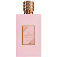 Pink rectangular perfume bottle with ornate gold cap, labeled "Asdaaf Ameerat Al Arab Privé Rose Eau de Parfum 100ml."