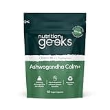 Green and white Nutrition Geeks Ashwagandha Calm+ pouch with 60 vegan capsules, featuring KSM 66, L-Tryptophan, Vitamin B6.