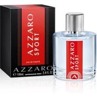 Clear glass bottle with silver cap and red label, "Azzaro Sport Eau de Toilette 100ml" beside black and red box.