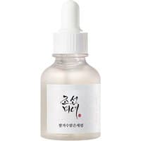 Clear glass dropper bottle with white label, black Korean text, and red dot, containing Beauty of Joseon Glow Deep Serum.