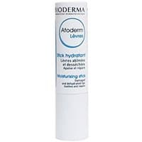 White Bioderma Atoderm Lip Balm stick, blue text, 4g, moisturizing for dry lips.