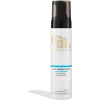 Bondi Sands Self Tanning Foam Light/Medium 200ml, white bottle, black cap, gold logo, blue label stripe.