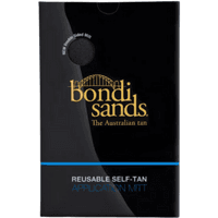 Black Bondi Sands self-tanning glove packaging with gold logo and text, featuring a circular window showing the mitt.
