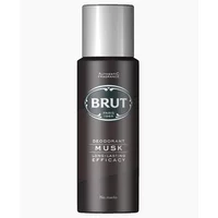 Brut Musk Deodorant Spray 200ml, dark bottle with silver cap and logo, text in white.