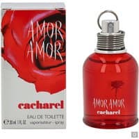 Red Cacharel Amor Amor Eau de Toilette Spray 30ml bottle with silver cap, next to a box featuring a red rose design.