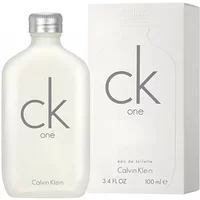 Clear frosted bottle of Calvin Klein CK One Eau De Toilette 100ml with minimalist gray text and matching box.