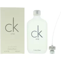 Clear frosted bottle of Calvin Klein CK One Eau De Toilette 200ml with silver cap and minimalist packaging.
