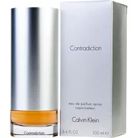 Calvin Klein Contradiction Eau De Parfum 100ml in a sleek silver bottle with orange tint, next to matching box.