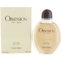 Calvin Klein Obsession for Men 125ml aftershave in clear oval bottle with brown cap, holiday edition packaging.