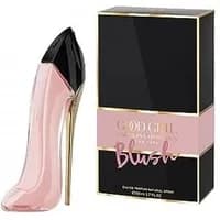 Pink stiletto-shaped perfume bottle with black cap, gold heel, next to black and pink box.
