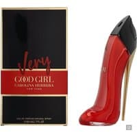 Red stiletto-shaped Carolina Herrera Very Good Girl Eau de Parfum Spray, 80ml, with black heel and gold accents.