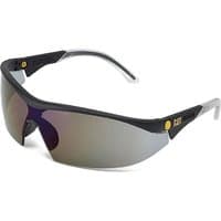 Caterpillar Digger Protective Safety Glasses with black frame, mirrored lenses, and yellow logo accents.