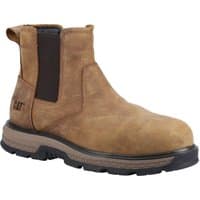 Brown Caterpillar Chelsea safety boot, slip-on style, with elastic side panels and rugged black sole, size 11.