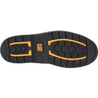 Black and yellow Caterpillar safety boot sole with hexagonal tread pattern and CAT logo in the center.
