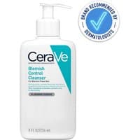 White CeraVe Blemish Control Cleanser bottle with pump, teal label, and "Brand Recommended by Dermatologists" badge.