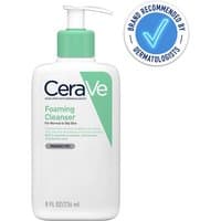 CeraVe Foaming Cleanser 236ml in white pump bottle with green label and blue dermatology seal.