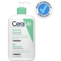 CeraVe Foaming Cleanser 473ml bottle with green pump and label, dermatologist recommended badge.