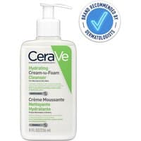 CeraVe Hydrating Cream-to-Foam Cleanser 236ml with pump, white bottle, green and blue label, dermatologist recommended.