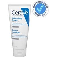 CeraVe Moisturising Cream 177ml in white tube with blue and gray text, dermatologist recommended badge.