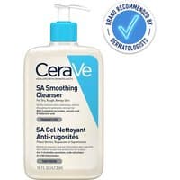 CeraVe SA Smoothing Cleanser 473ml bottle with pump, blue and white label, dermatologist recommended badge.