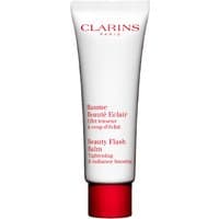 White tube of Clarins Beauty Flash Balm 50ml with red text and cap, featuring tightening and radiance-boosting formula.