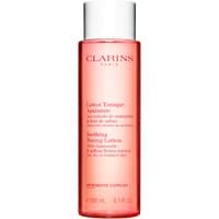 Clarins Soothing Toning Lotion 200ml in a pink translucent bottle with white cap and red text.