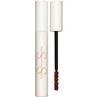 Clarins SOS Lashes Serum Mascara Caramel, white tube with brown text, open to show caramel-colored brush.