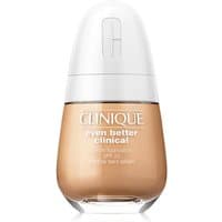 Clinique serum foundation bottle with white cap, beige liquid visible, labeled "Even Better Clinical SPF20 30ml-CN 28 Ivory".