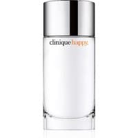 Clear glass bottle of Clinique Happy Perfume Spray 100ml with silver cap and orange text.