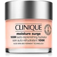 Clinique Moisture Surge 100H hydrator in a clear jar with a silver lid, featuring pink gel cream inside.