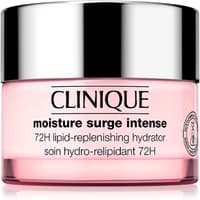 Pink Clinique jar with silver lid, labeled "Moisture Surge Intense 72H Lipid-Replenishing Hydrator."
