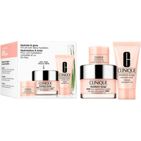 Clinique Moisture Surge Set with pink jars and tube, featuring hydration cream and packaging with aloe image.