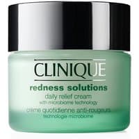 Clinique Redness Solutions Daily Relief Cream in a green jar with a silver lid, 50ml size.