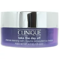 Purple Clinique cleansing balm jar with silver lid, labeled "Take The Day Off Charcoal Cleansing Balm 125ml".