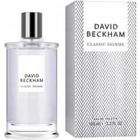 David Beckham Classic Homme Eau De Toilette 100ml, clear glass bottle with silver cap, herringbone box design.