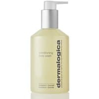 Clear bottle of Dermalogica Conditioning Body Wash 295ml with pump dispenser and black text.