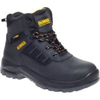Black DEWALT waterproof safety boot with yellow logo, padded ankle support, and black-yellow laces.
