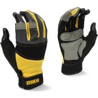 Yellow and black DeWalt framer gloves with reinforced palms, adjustable wrist strap, and breathable fabric.