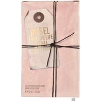 Pink box of Diesel Fuel For Life Pour Femme Eau de Parfum 50ml, wrapped with black string and vintage tag design.