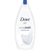 Dove Caring Bath Indulging Cream Body Wash, 450ml white bottle with blue cap and gold dove logo.