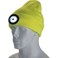 High-vis yellow Draper beanie hat with a built-in rechargeable torch, 1W, 100 lumens, centered on the front.
