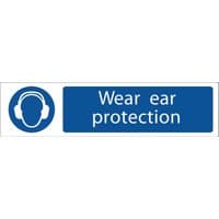 Blue and white sign with headphones icon and text "Wear ear protection" in bold letters.
