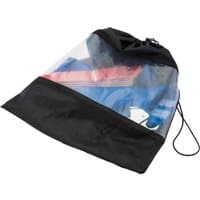 Black and blue Draper Expert fall arrest lanyard, 2m, with carabiner clips, stored in a transparent drawstring bag.