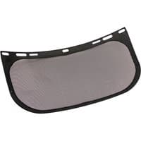 Black mesh visor for forestry helmet with curved design and multiple attachment slots along the top edge.