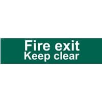 Green Draper safety sign, 200x50mm, with white text "Fire exit Keep clear" in bold font.